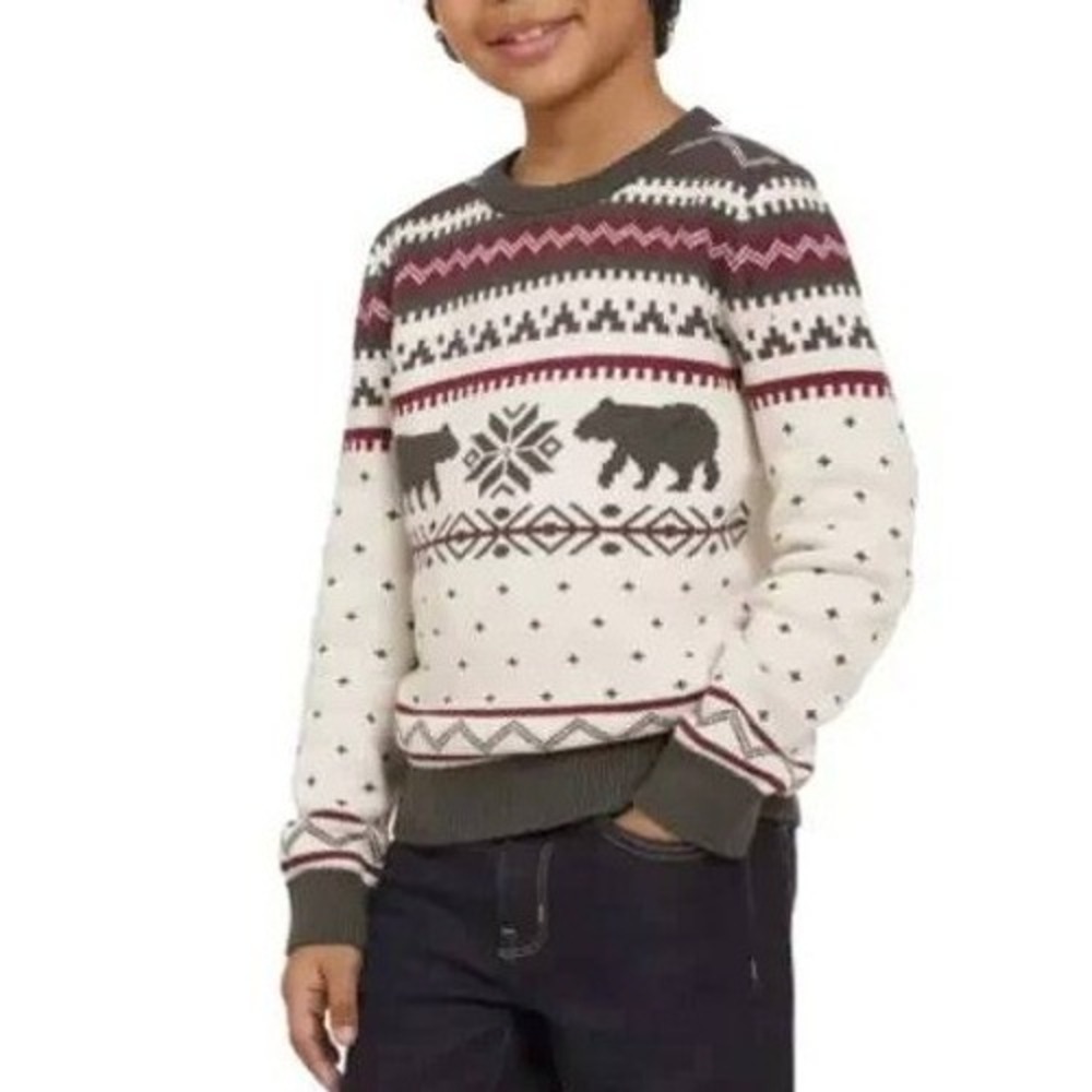 NWT Lands' End Holiday Fair Isle Bear Sweater Kids M 10/12 Ivory Cotton